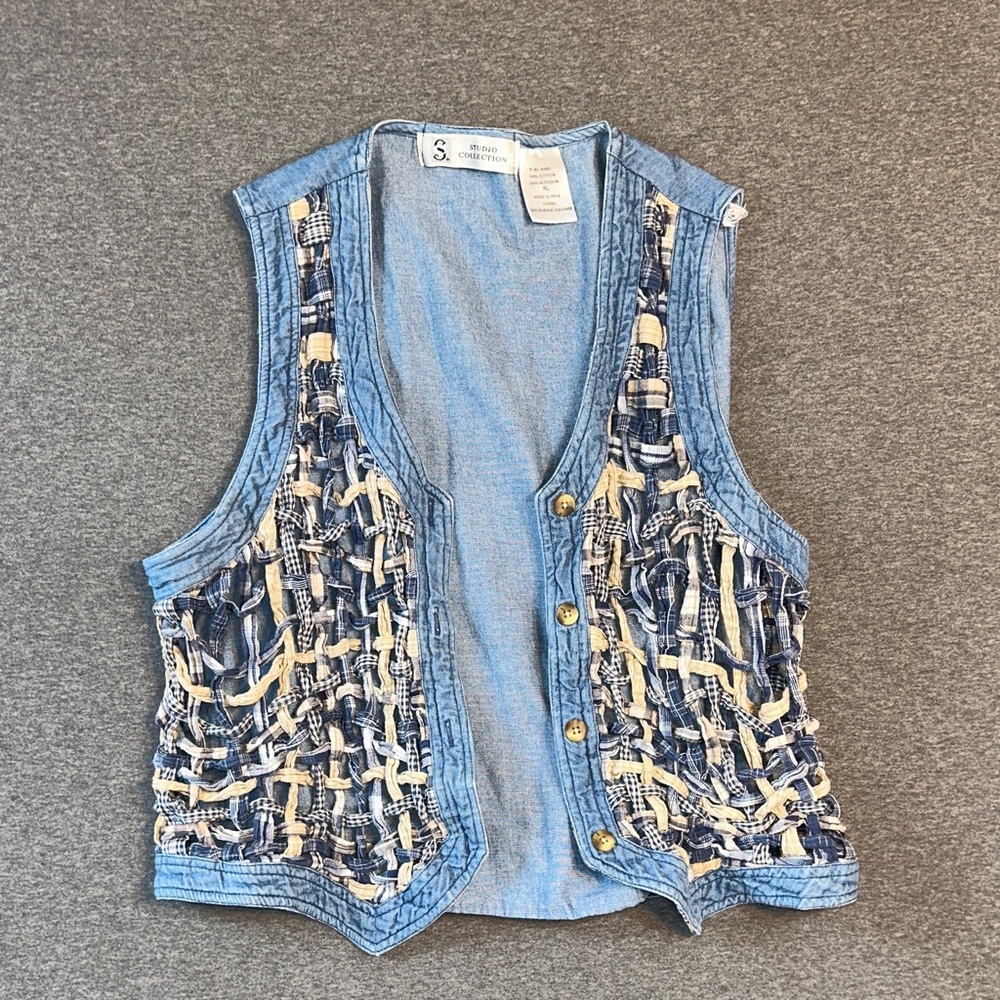 Vintage XL Woven Blue and Beige Button-Up Vest #1